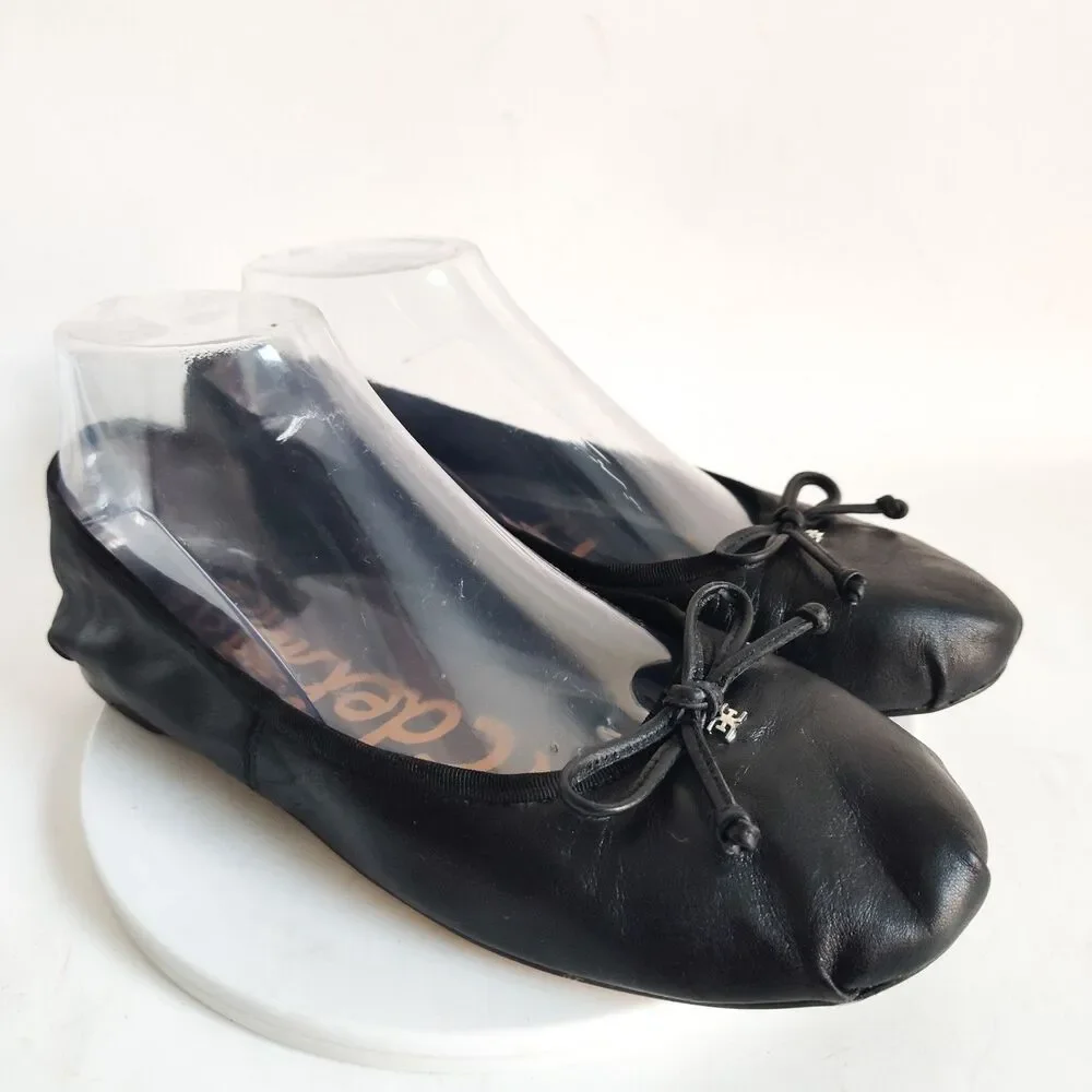Sam Edelman Ballet Flats Size 8 Leather Black Preppy Minimalist Trendy Bow Zooey